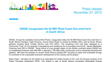 ENGIE inaugurates the 94 MW West Coast One wind farm in South Africa