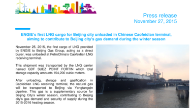 ENGIE’s first LNG cargo for Beijing city unloaded in Chinese Caofeidian terminal, aiming to contribute to Beijing city’s gas demand during the winter season