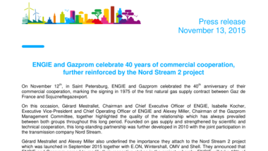 ENGIE and Gazprom celebrate 40 years of commercial cooperation, further reinforced by the Nord Stream 2 project