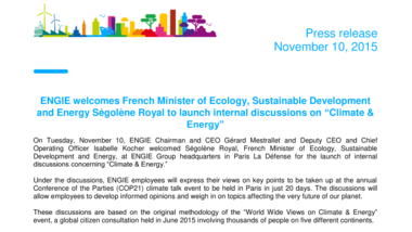 ENGIE welcomes French Minister of Ecology, Sustainable Development and Energy Ségolène Royal to launch internal discussions on “Climate & Energy”
