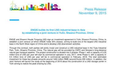 ENGIE builds its first LNG industrial base in Asia by establishing a joint venture in Yulin, Shaanxi Province, China