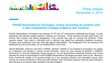 "ENGIE Rassembleurs d’Energies” further diversifies its portfolio with 2 new investments in biogas in Mexico and Tanzania