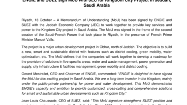ENGIE and SUEZ sign MoU with JEC for Kingdom City Project in Jeddah, Saudi Arabia
