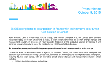 ENGIE strengthens its solar position in France with an innovative solar Smart Grid solution in Corsica
