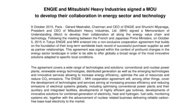 ENGIE and Mitsubishi Heavy Industries signed a MOU to develop their collaboration in energy sector and technology