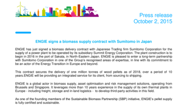 ENGIE signs a biomass supply contract with Sumitomo in Japan