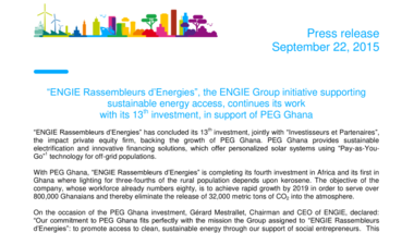 “ENGIE Rassembleurs d’Energies”, the ENGIE Group initiative supporting sustainable energy access, continues its work with its 13th investment, in support of PEG Ghana