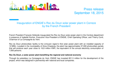 Inauguration of ENGIE’s Roc du Doun solar power plant in Correze by the French President