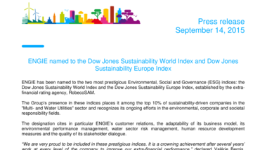 ENGIE named to the Dow Jones Sustainability World Index and Dow Jones Sustainability Europe Index