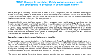 ENGIE, through its subsidiary Cofely Axima, acquires Nexilis and strengthens its presence in southeastern France
