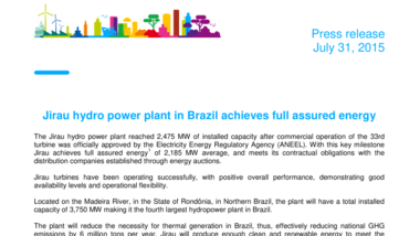 Jirau hydro power plant in Brazil achieves full assured energy