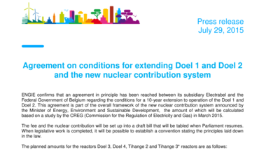 Agreement on conditions for extending Doel 1 and Doel 2 and the new nuclear contribution system