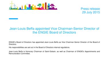 Jean-Louis Beffa appointed Vice Chairman-Senior Director of the ENGIE Board of Directors