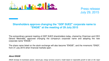 Shareholders approve changing the GDF SUEZ corporate name to ENGIE at the meeting of 29 July 2015