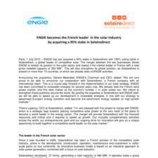 ENGIE becomes the French leader in the solar industry by acquiring a 95% stake in Solairedirect