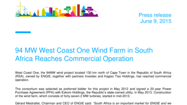94 MW West Coast One Wind Farm in South Africa Reaches Commercial Operation