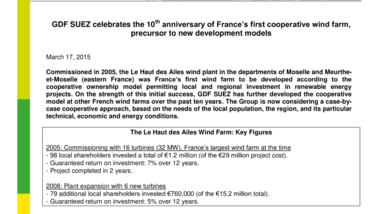 ENGIE celebrates the 10th anniversary of France’s first cooperative wind farm, precursor to new development models