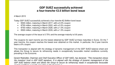 GDF SUEZ successfully achieved a four-tranche €2.5 billion bond issue