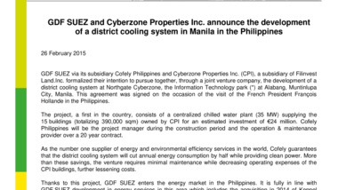 GDF SUEZ and Cyberzone Properties Inc. announce the development of a district cooling system in Manila in the Philippines