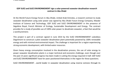 GDF SUEZ and SUEZ ENVIRONNEMENT sign a solar-powered seawater desalination research contract in Abu Dhabi