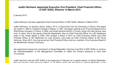 Judith Hartmann Appointed Executive Vice President, Chief Financial Officer of GDF SUEZ, Effective 16 March 2015