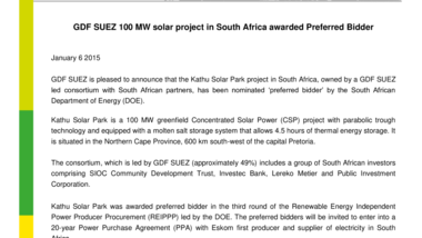 GDF SUEZ 100 MW solar project in South Africa awarded Preferred Bidder