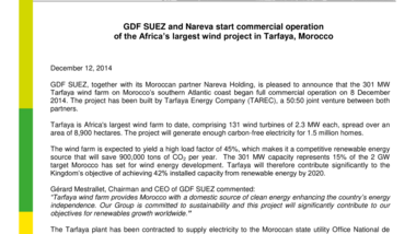 GDF SUEZ and Nareva start commercial operation of the Africa’s largest wind project in Tarfaya, Morocco