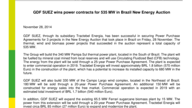 GDF SUEZ wins power contracts for 535 MW in Brazil New Energy Auction