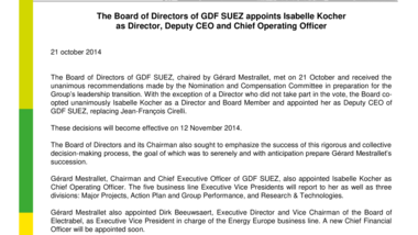 The Board of Directors of GDF SUEZ appoints Isabelle Kocher as Director, Deputy CEO and Chief Operating Officer