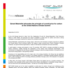 Gérard Mestrallet advocates the principle of a world price for carbon at the United Nations Climate Summit