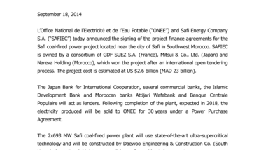 Safi independent power project (2x693 MW) in Morocco reaches Financial Close and will start construction