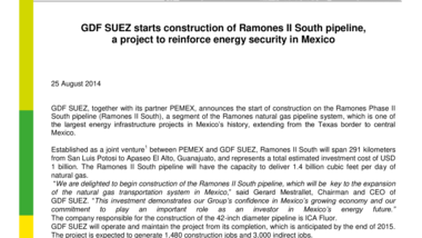 GDF SUEZ starts construction of Ramones II South pipeline, a project to reinforce energy security in Mexico
