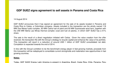 GDF SUEZ signs agreement to sell assets in Panama and Costa Rica