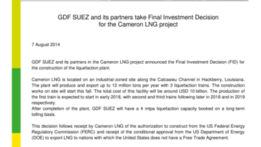 GDF SUEZ and its partners take Final Investment Decision for the Cameron LNG project