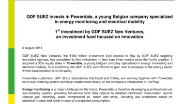 GDF SUEZ invests in Powerdale, a young Belgian company specialized in energy monitoring and electrical mobility - 1st investment by GDF SUEZ New Ventures, an investment fund focused on innovation