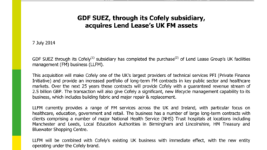 GDF SUEZ, through its Cofely subsidiary, acquires Lend Lease’s UK FM assets