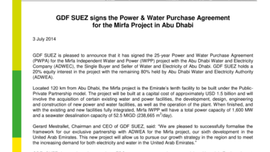 GDF SUEZ signs the Power & Water Purchase Agreement for the Mirfa Project in Abu Dhabi