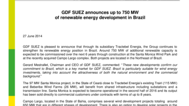 GDF SUEZ announces up to 750 MW of renewable energy development in Brazil
