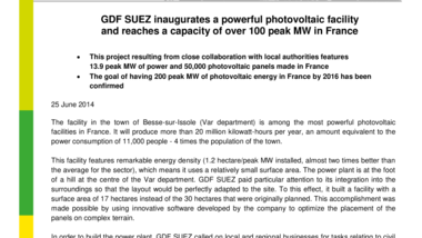 GDF SUEZ inaugurates a powerful photovoltaic facility and reaches a capacity of over 100 peak MW in France