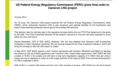 US Federal Energy Regulatory Commission (FERC) gives final order to Cameron LNG project