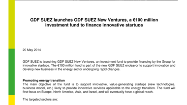 GDF SUEZ launches GDF SUEZ New Ventures, a €100 million investment fund to finance innovative startups