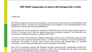 GDF SUEZ inaugurates on-shore LNG storage tank in Chile