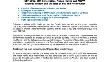 Results of invitation to tender for offshore wind farms : GDF SUEZ, EDP Renewables, Neoen Marine and AREVA awarded Tréport and the Isles of Yeu and Noirmoutier