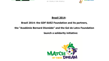 Brazil 2014 : the GDF SUEZ Foundation and its partners, the “Académie Bernard Diomède” and the Gol de Letra Foundation launch a solidarity initiative