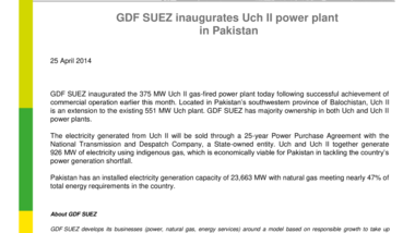 GDF SUEZ inaugurates Uch II power plant in Pakistan