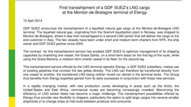 First transshipment of a GDF SUEZ’s LNG cargo at the Montoir-de-Bretagne terminal of Elengy