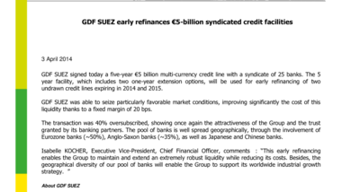 GDF SUEZ early refinances €5-billion syndicated credit facilities