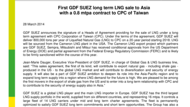 First GDF SUEZ long term LNG sale to Asia with a 0.8 mtpa contract to CPC of Taiwan