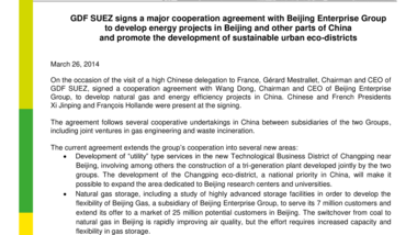 GDF SUEZ signs a major cooperation agreement with Beijing Enterprise Group to develop energy projects in Beijing and other parts of China and promote the development of sustainable urban eco-districts