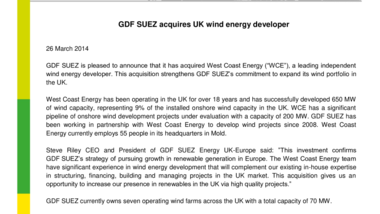GDF SUEZ acquires UK wind energy developer